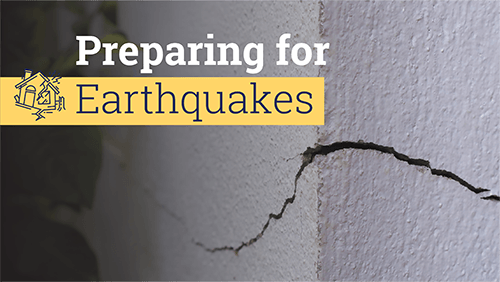Background Of A Crack In A Home's Foundation With Text That Says: Preparing For Earthquakes