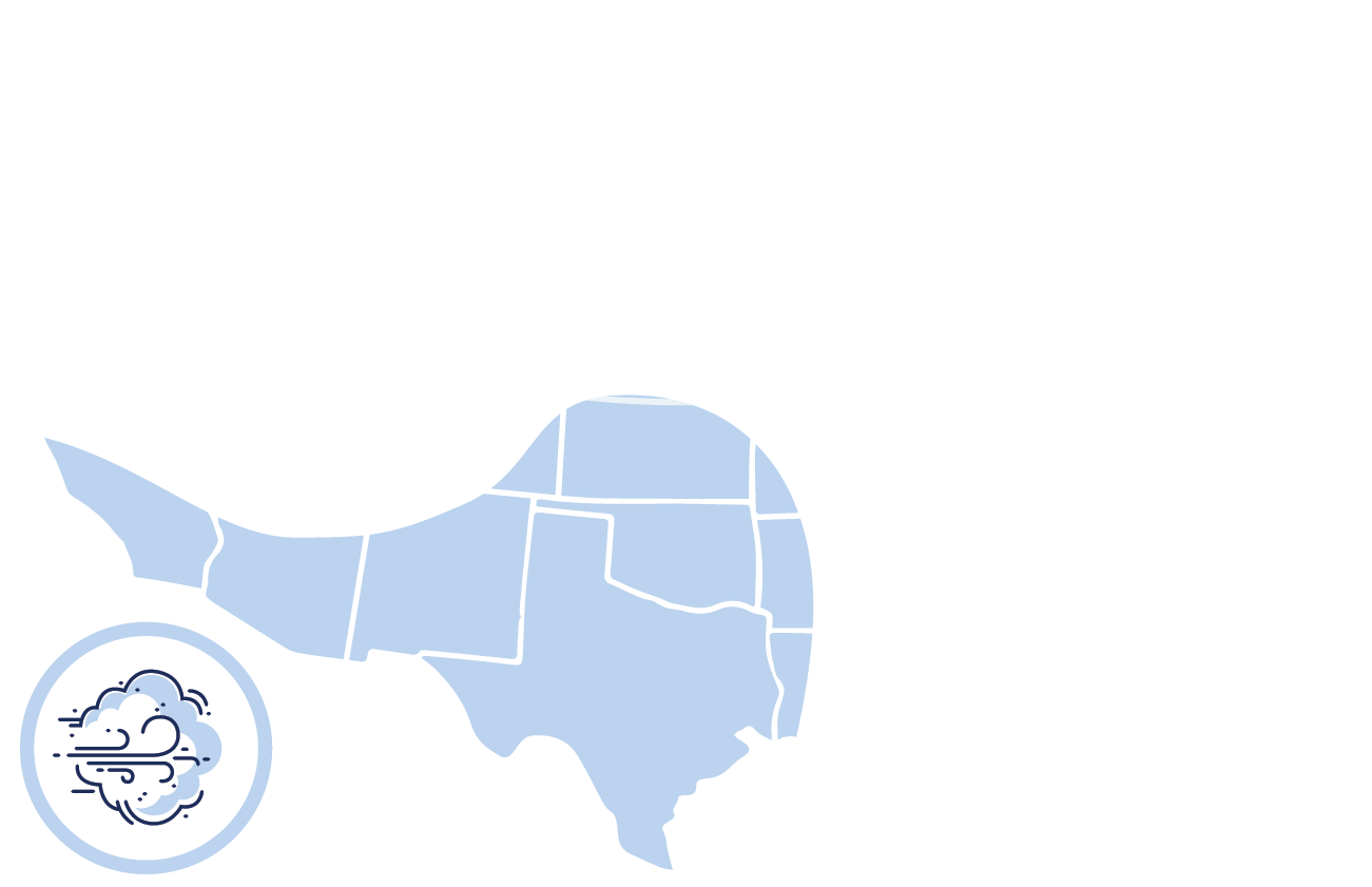 Map of the Continental United States with Dust Storms Marked across portions of the West South Central region, extreme southwest portion of the Midwest region, and extreme southern portion of the West region, 