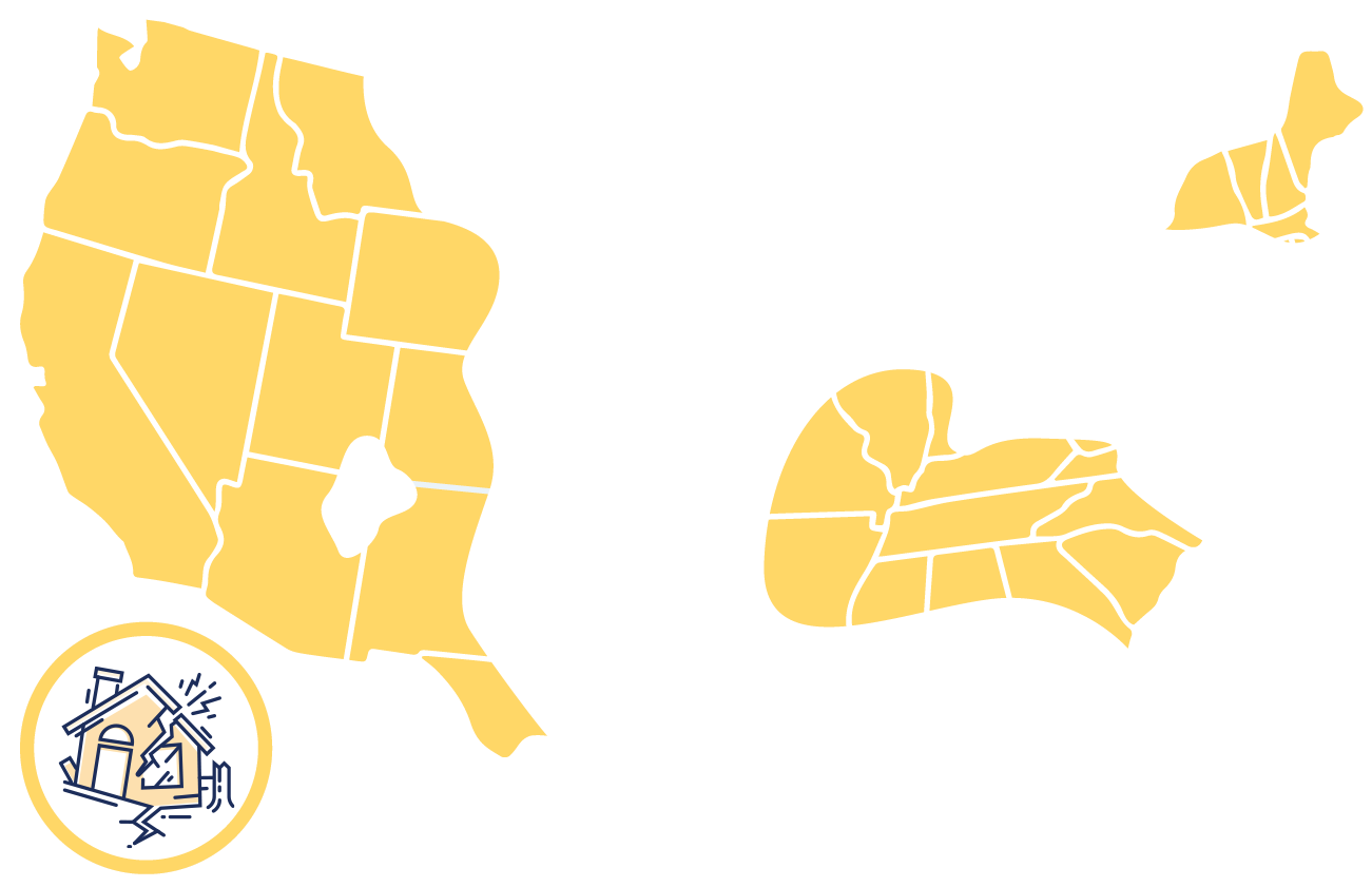 Map of the Continental United States with Earthquakes Marked across all of the Pacific West region, portions of the Mountain West region, western portion of Texas, northern portions of the South region, southern portions of the Midwest region, and northern portions of New England Region.