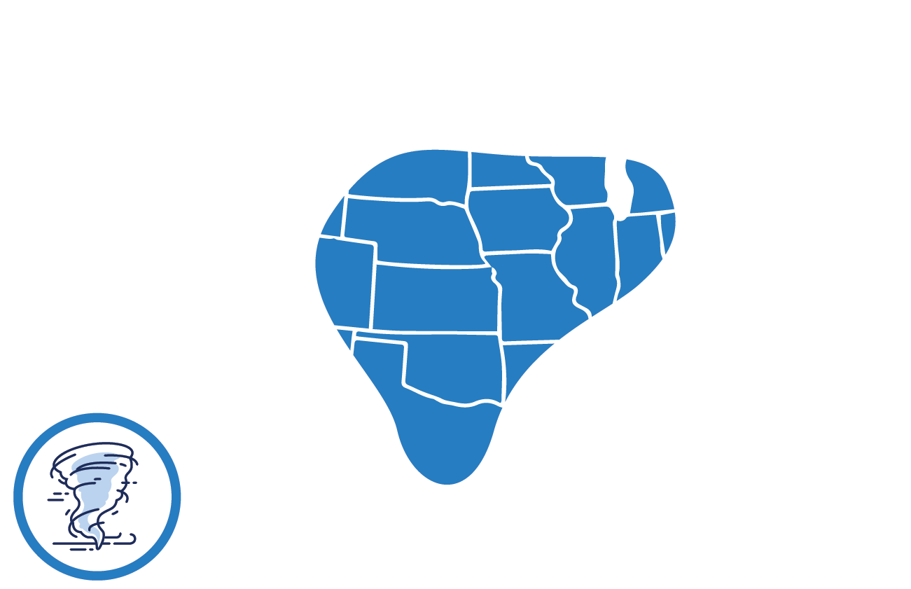 Map of the United States with Tornadoes Marked across portions of the Midwest region, portions of the West South Central Region, and the extreme eastern edge of the Mountain West region..