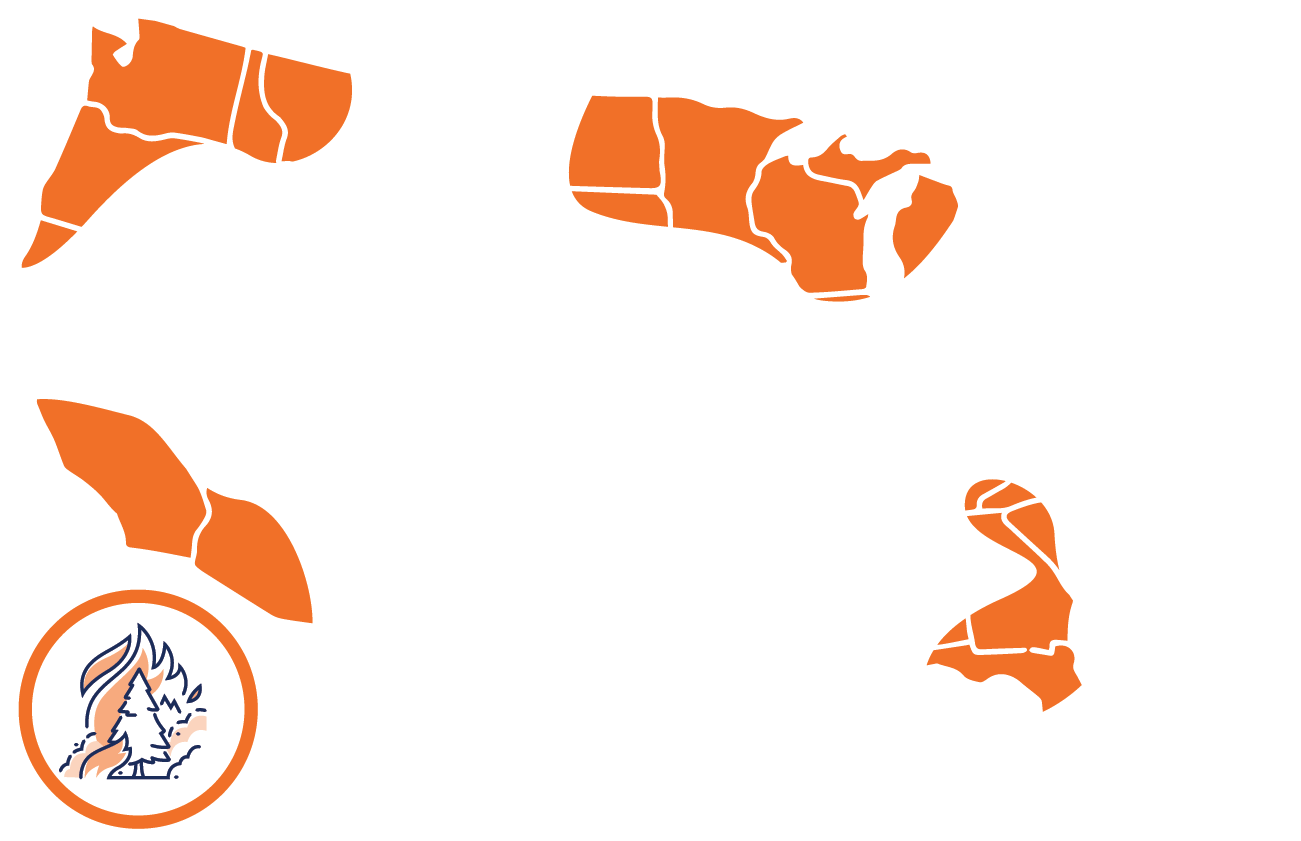 Map of the United States with Wildfires Marked in portions of the Pacific Northwest/Northern Mountain region, southern portions of the Pacific South-west region, northern portions of the Midwest region, and portions of the South Atlantic region. 