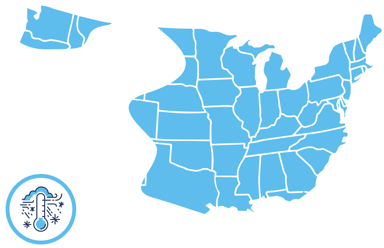 Map of the Continental United States with Winter Storms Marked across a portion of the Pacific Northwest region, the Northeast region, southern portions of the Midwest, and large swaths of the South Region.